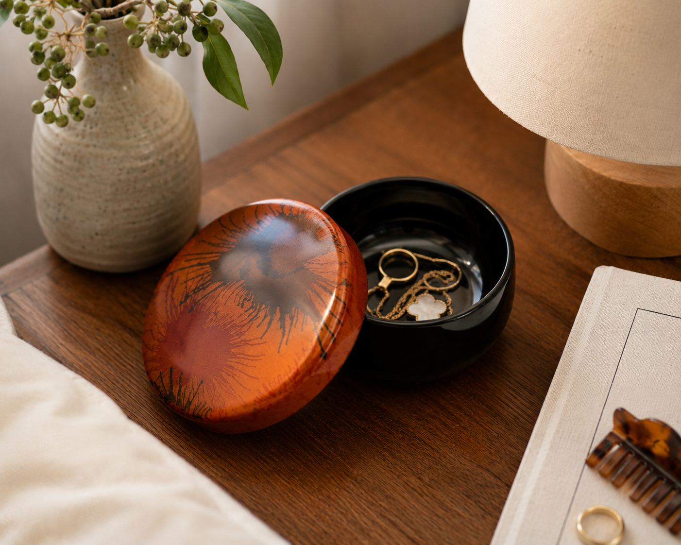 Lacquered Round Trinket Box - Painted Light Fireworks Design
