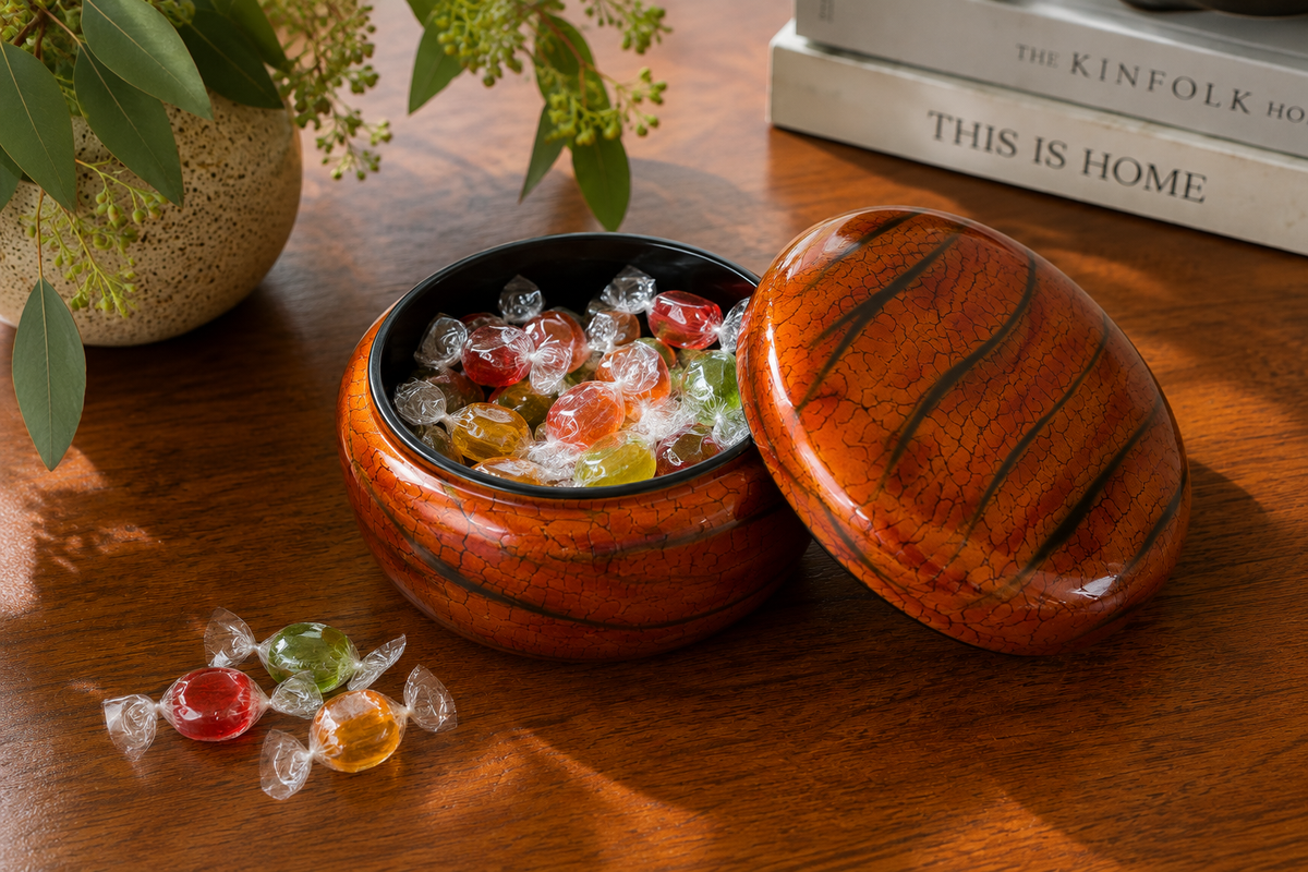 Orange and black Handpainted Round Lacquer Candy Box with Lid