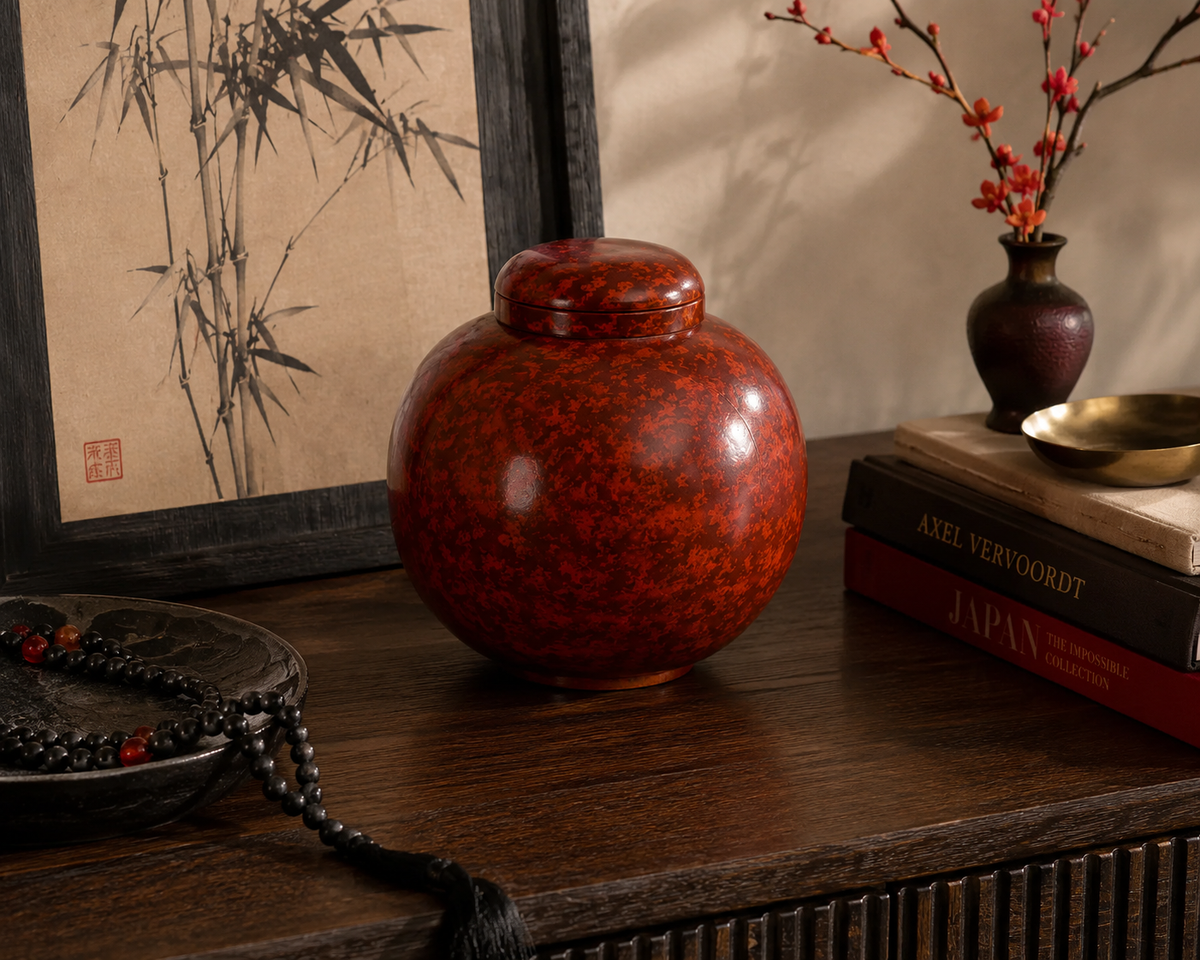 Red and Black Painted Rounded Lacquerware Ginger Jar