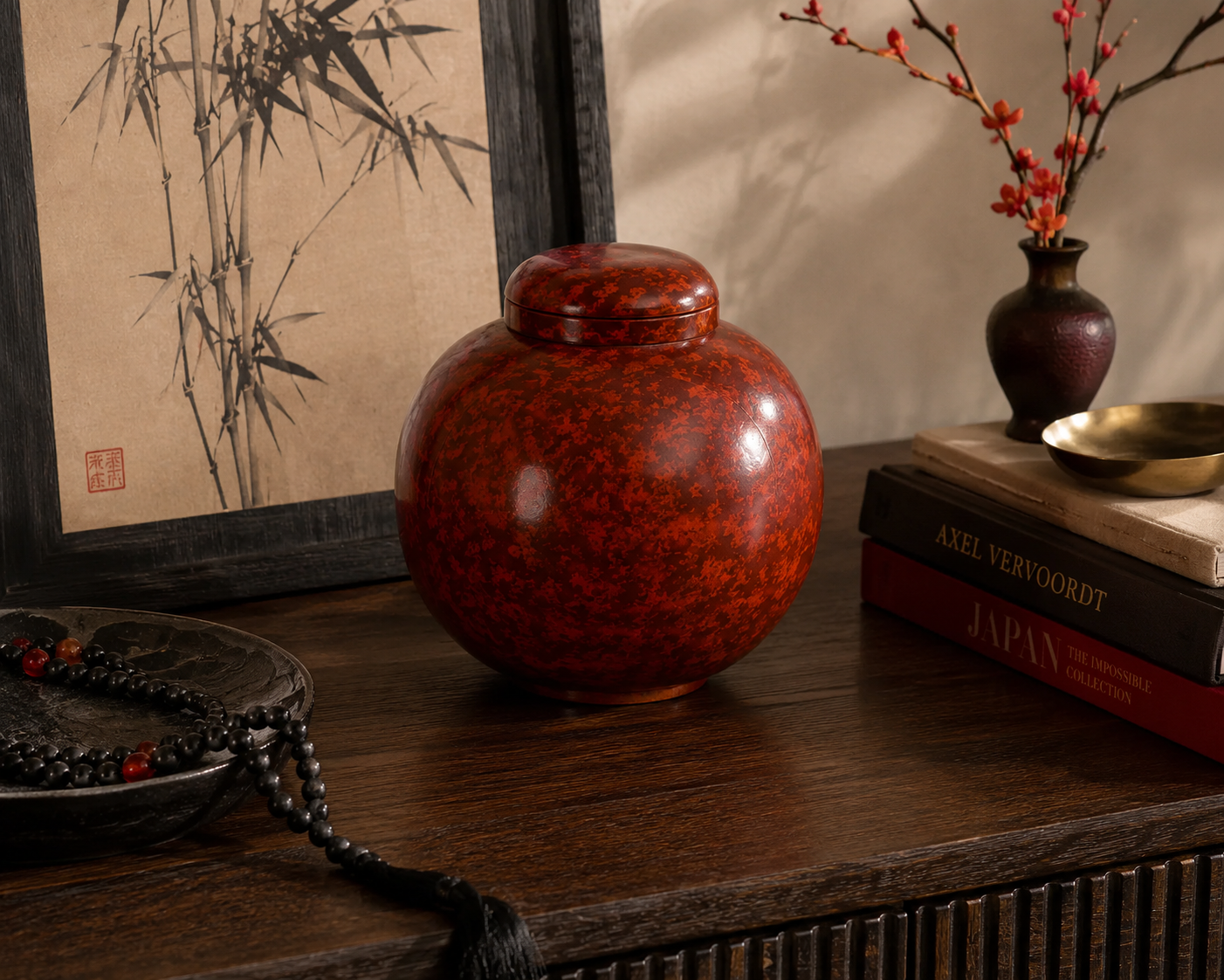 Red and Black Painted Rounded Lacquerware Ginger Jar
