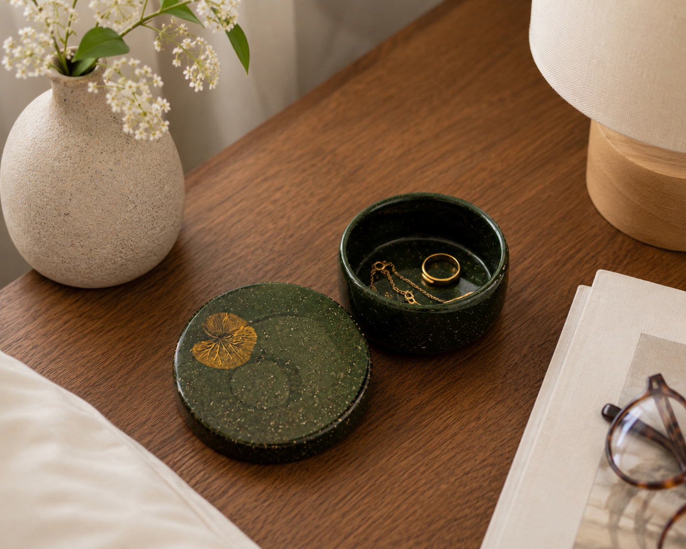 Lacquered Round Black Trinket Box featuring Summer Flowers