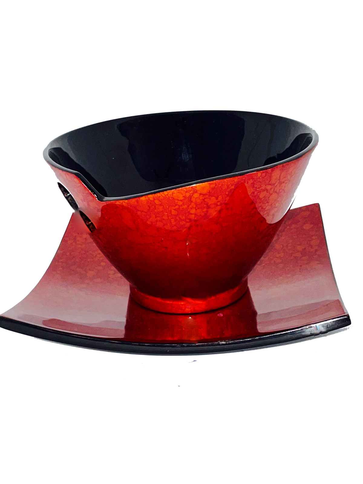 Hand-painted Lacquer Bowl with Square Plate - Dark Orange pattern