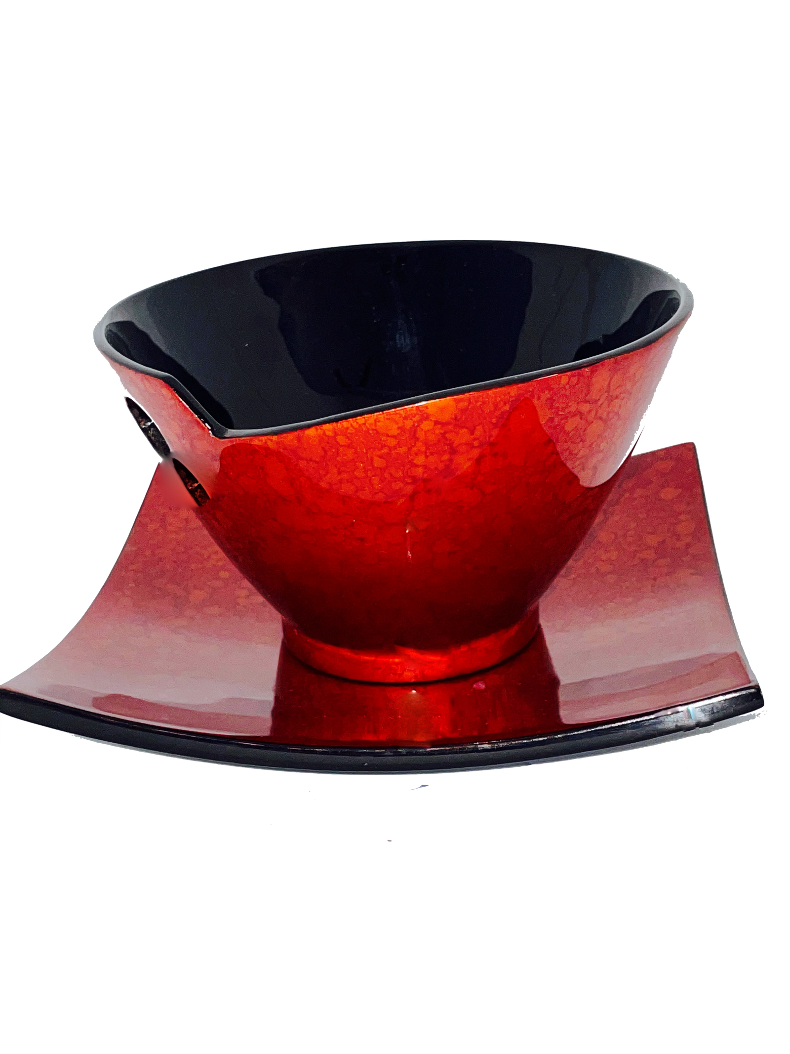 Hand-painted Lacquer Bowl with Square Plate - Dark Orange pattern