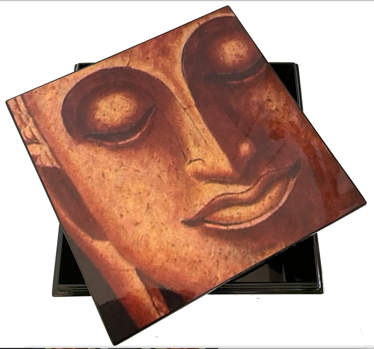 Bronze Buddha Head Square Lacquerware Jewellery Box