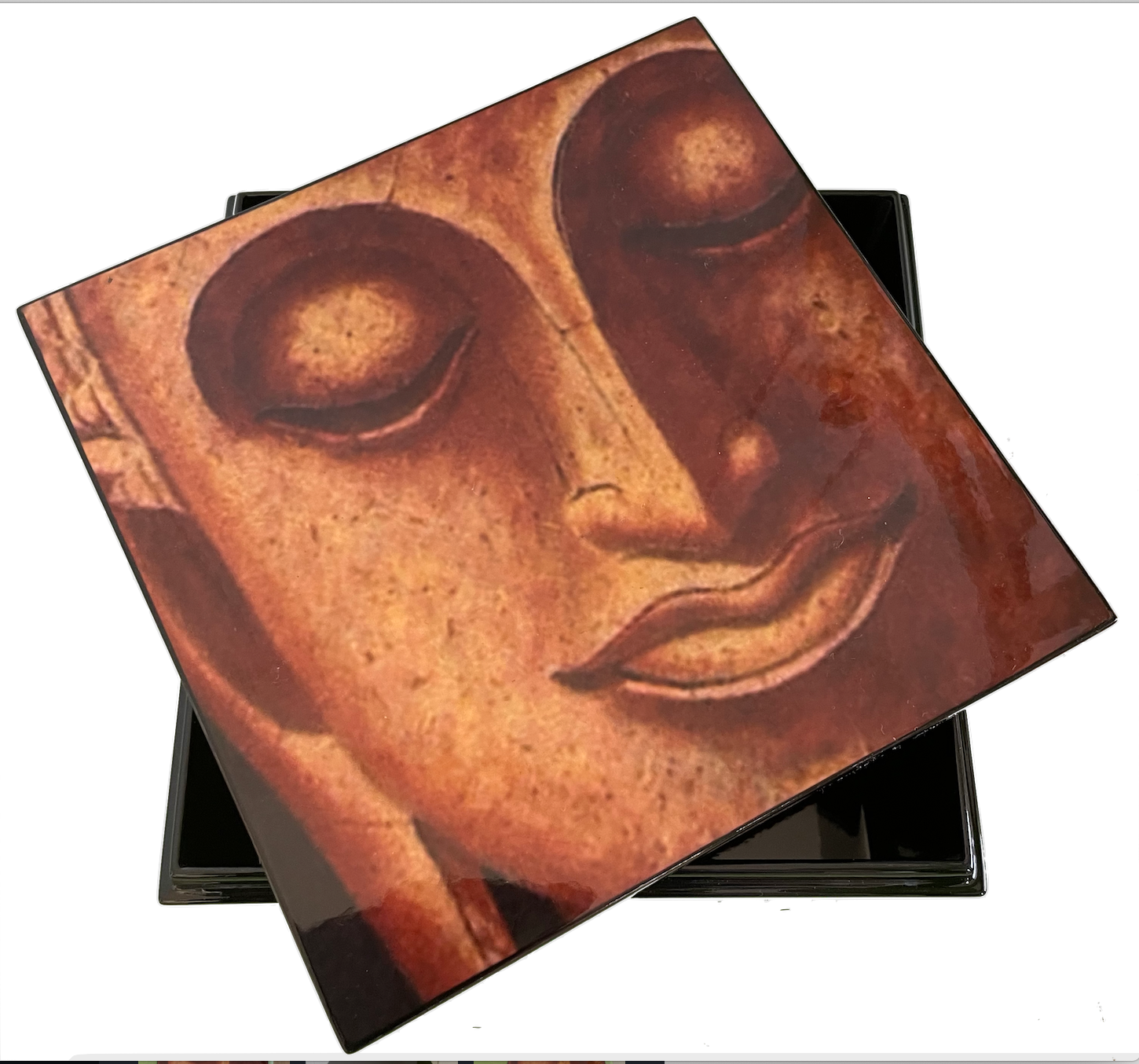 Bronze Buddha Head Square Lacquerware Jewellery Box