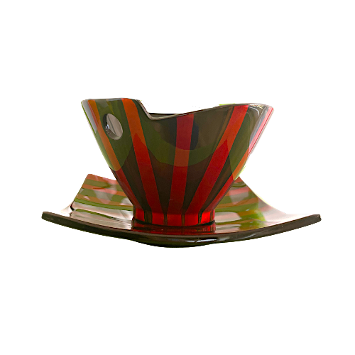 Hand-painted Brown and Red Lacquer Bowl with Square Plate - Striped Design