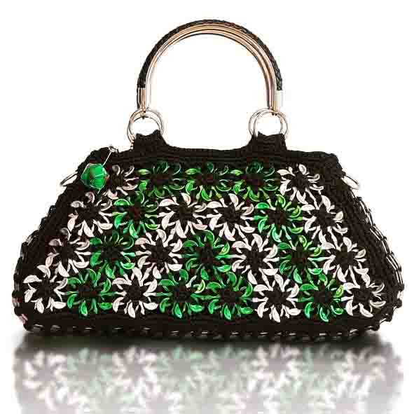Solene M &quot;Crescent&quot; Black and Green Handbag made from recycled Can Pull Tabs