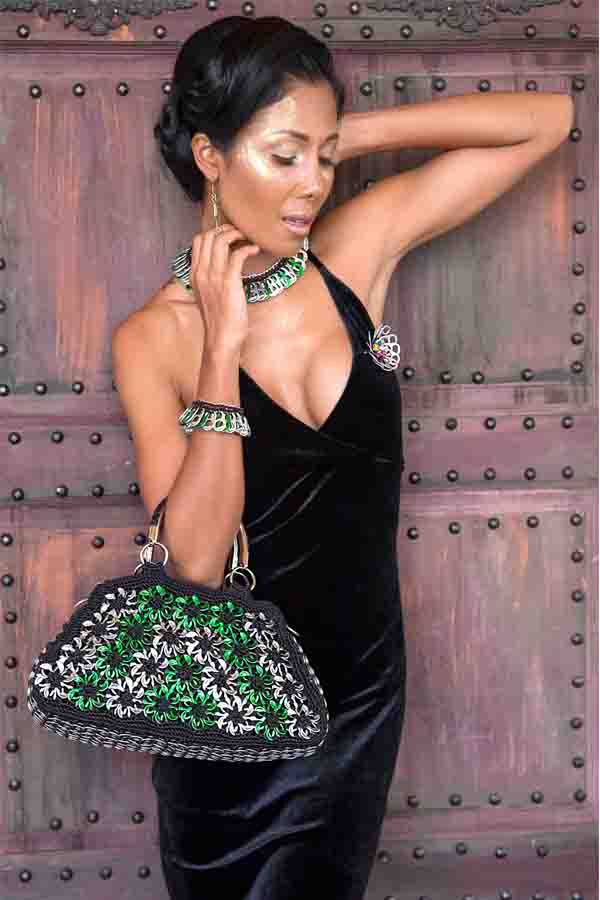 Solene M &quot;Crescent&quot; Black and Green Handbag made from recycled Can Pull Tabs