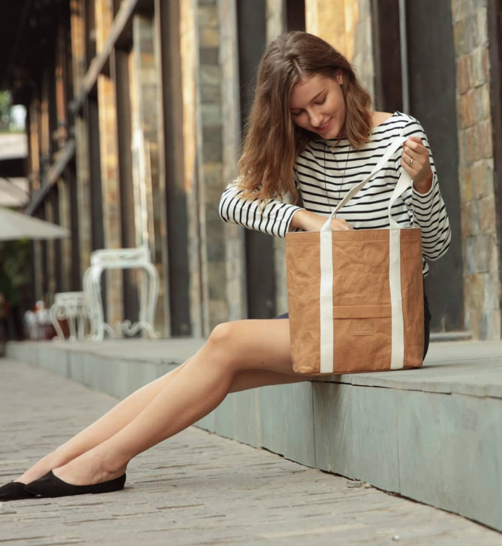 Ella Light Camel Tote Bag made from Washable Paper, an eco-friendly alternative to leather