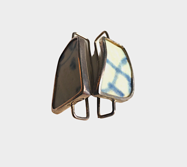 Sterling Silver Ceramic Blue and White Drop Earrings - Long Length