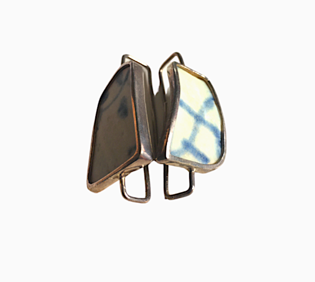 Sterling Silver Ceramic Blue and White Drop Earrings - Long Length