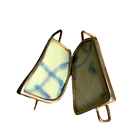 Sterling Silver Ceramic Blue and White Drop Earrings - Long Length