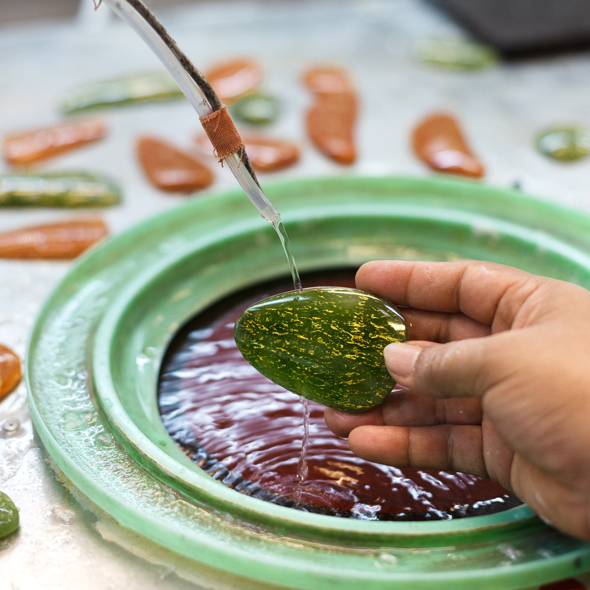 Zsiska Rhea Ring - Teal or Green with Gold Leaf Feature