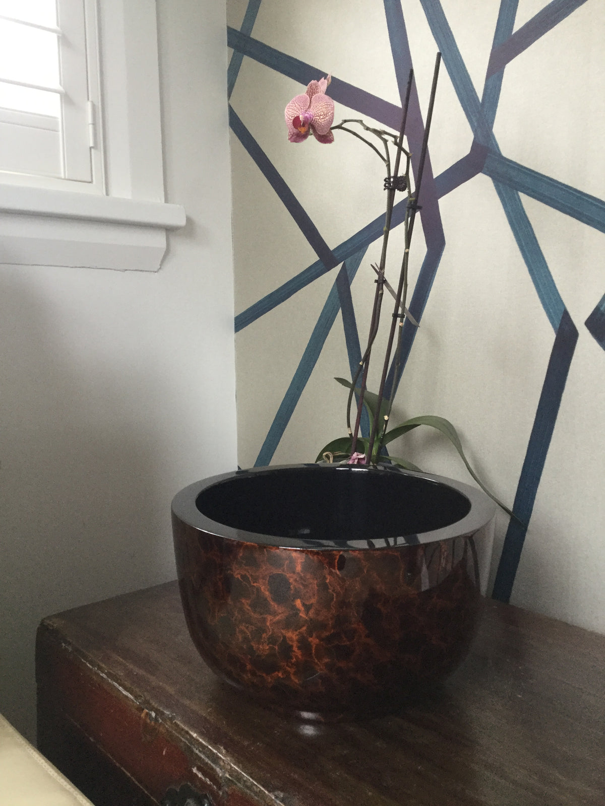 Large Painted Lacquerware Bowl - Brown and Black cloudy pattern