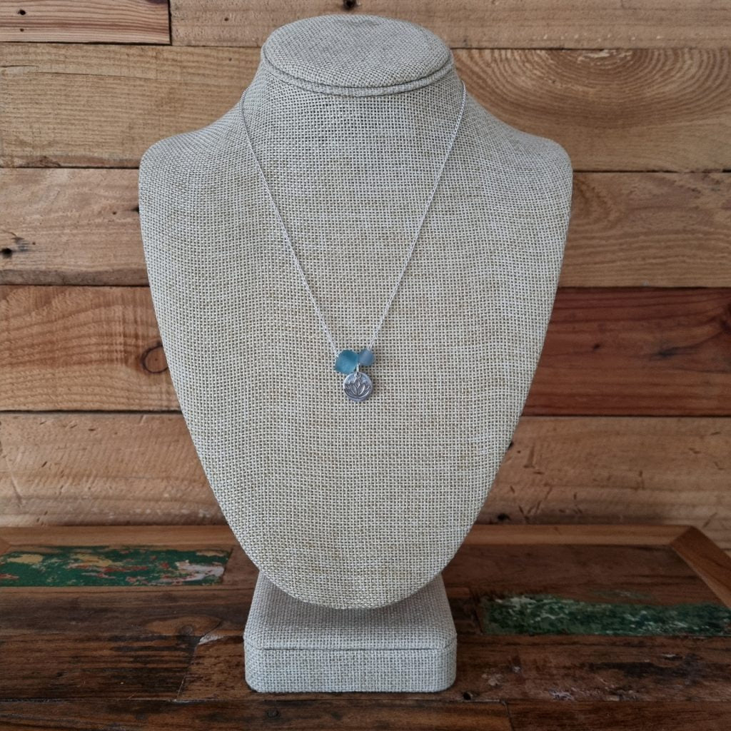 LOVEbomb Lotus Charm and Aqua Glass Pendant on Sterling Silver Chain