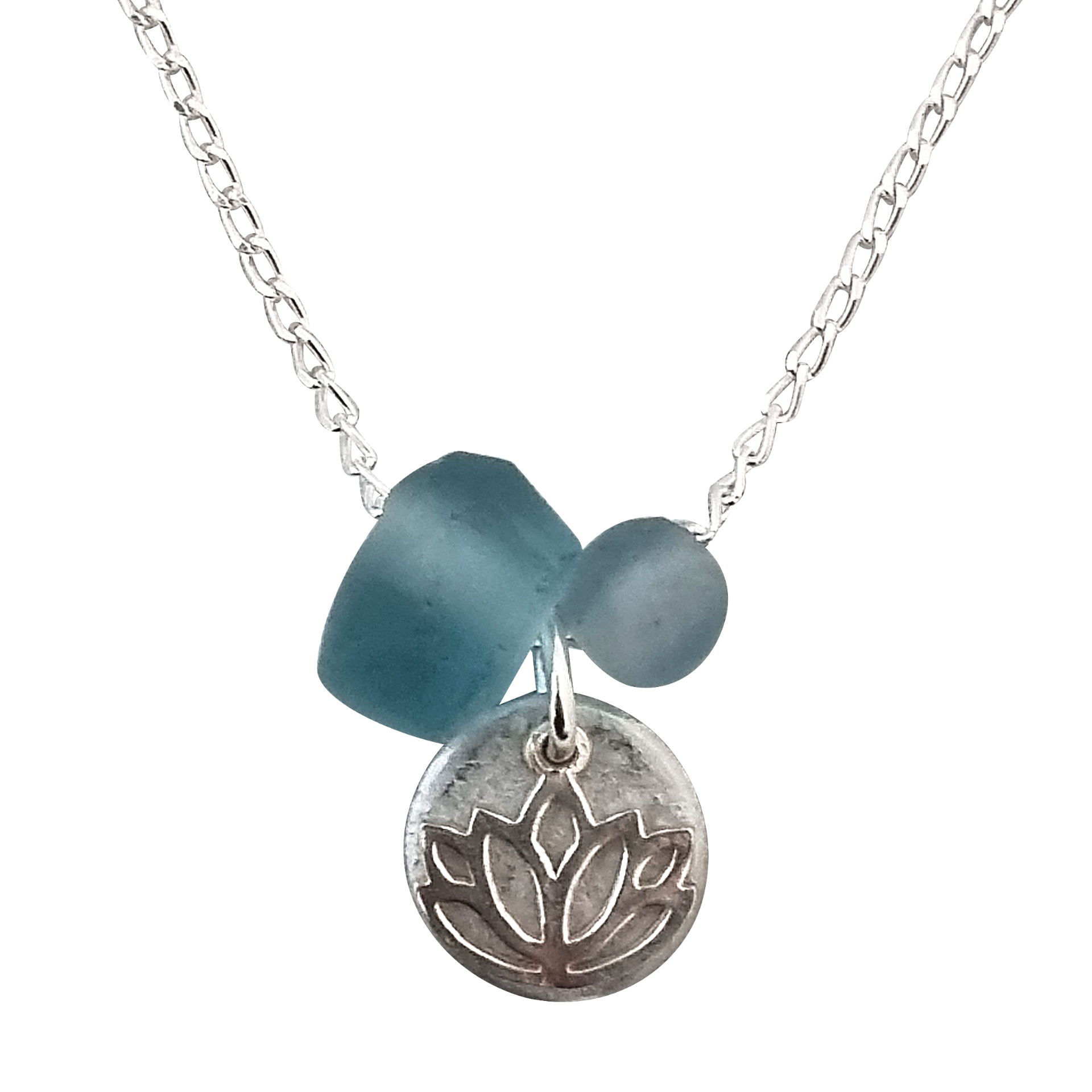 LOVEbomb Lotus Charm and Aqua Glass Pendant on Sterling Silver Chain