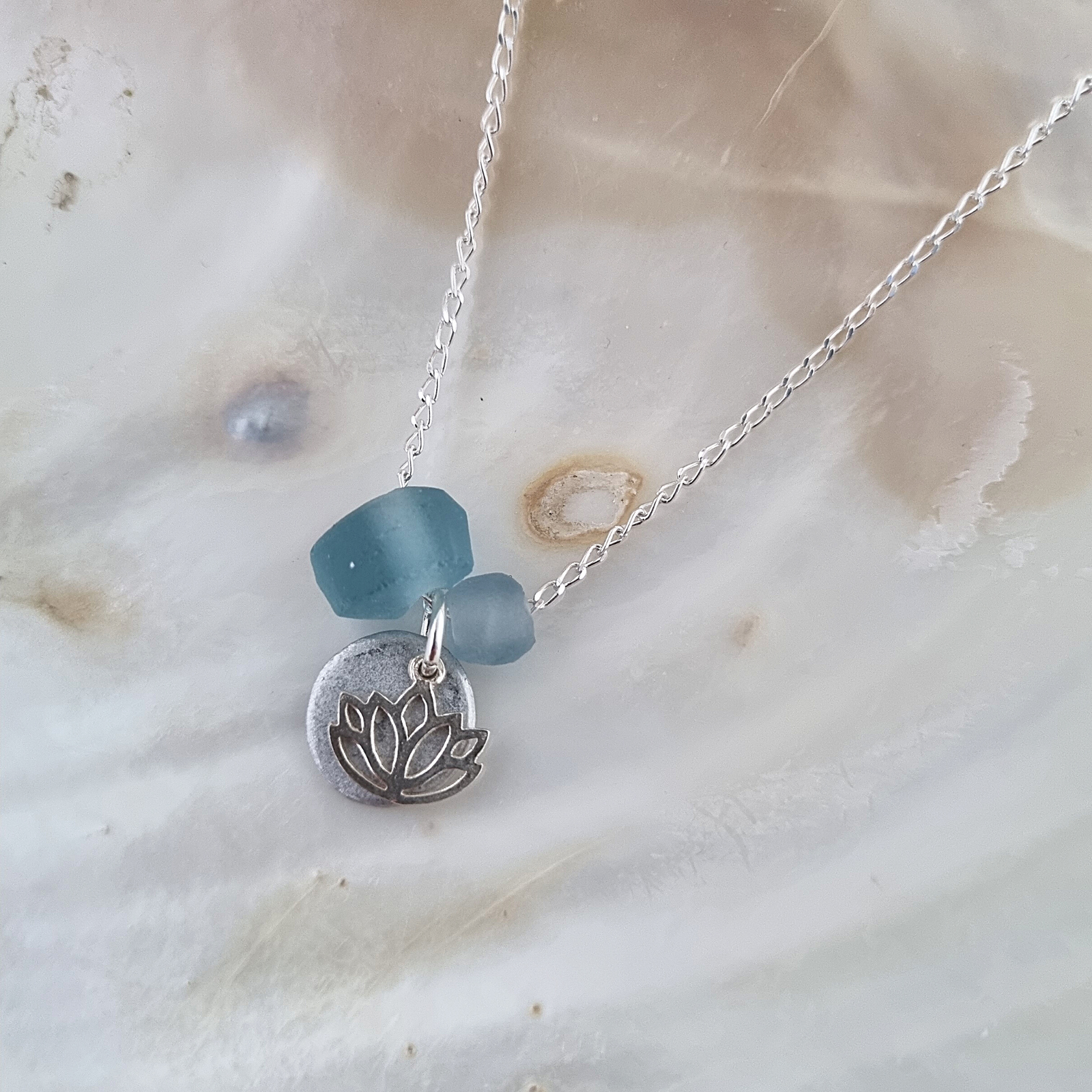 LOVEbomb Lotus Charm and Aqua Glass Pendant on Sterling Silver Chain