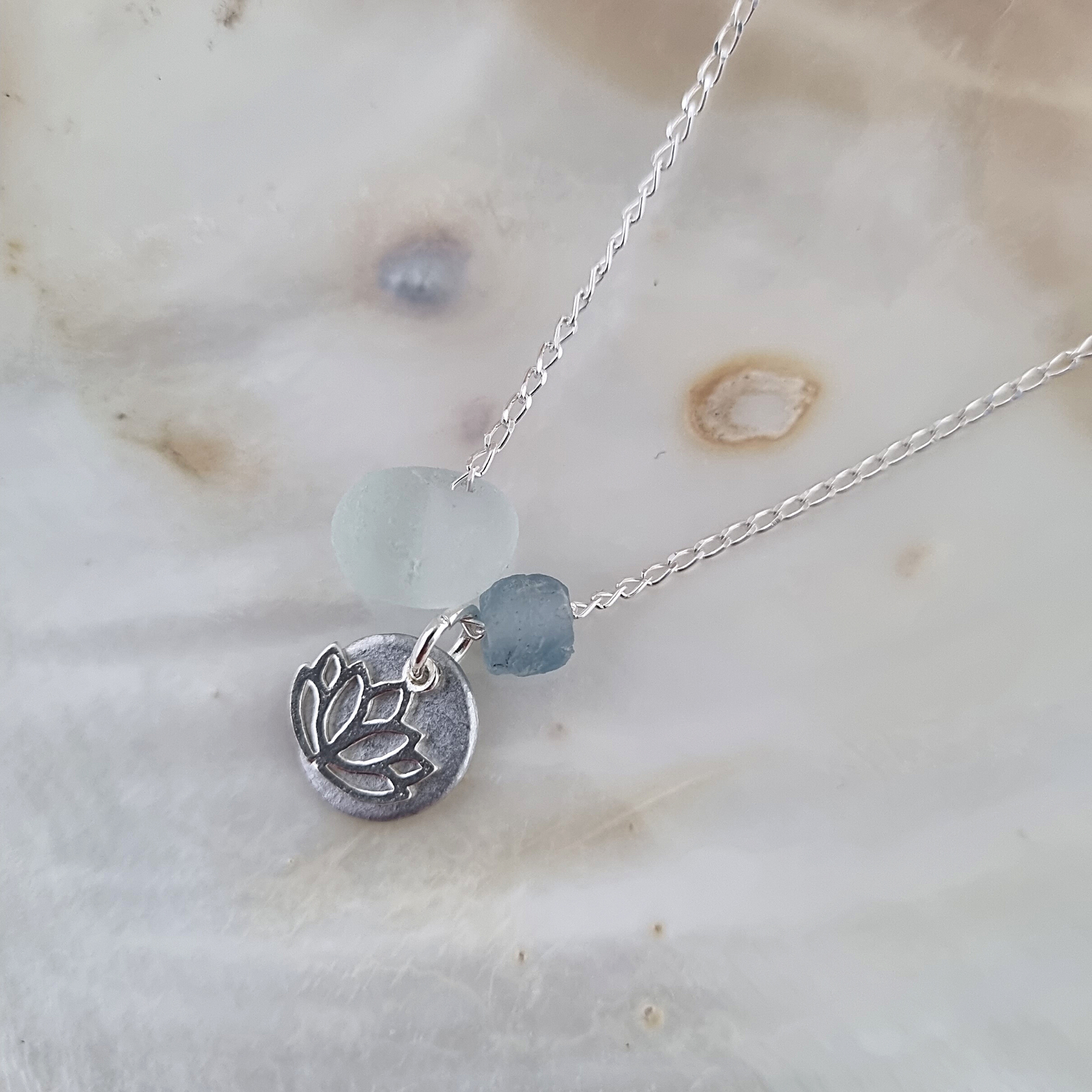 LOVEbomb Lotus Charm and Clear Glass Pendant on Sterling Silver Chain