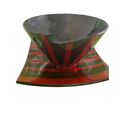 Hand-painted Brown and Red Lacquer Bowl with Square Plate - Striped Design