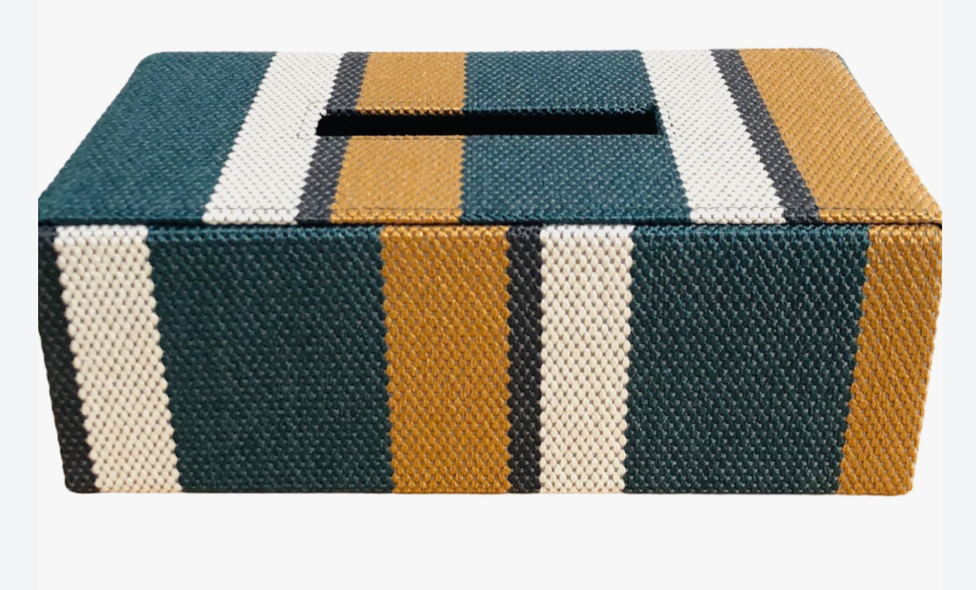 Fabric Striped Tissue Box - Mustard Teal and White