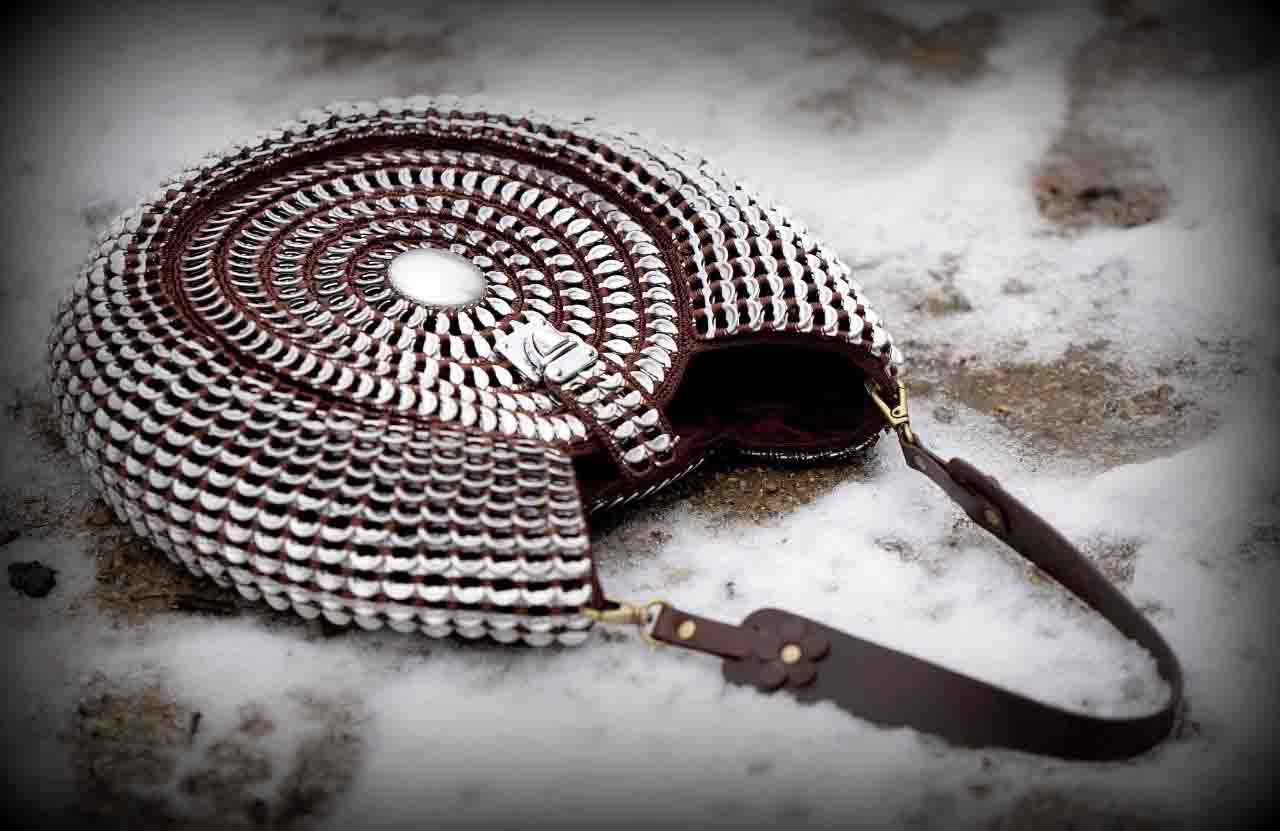 Solene M "Oasis" Snail Shaped Black and Silver Bag, made from recycled Can Pull Tabs