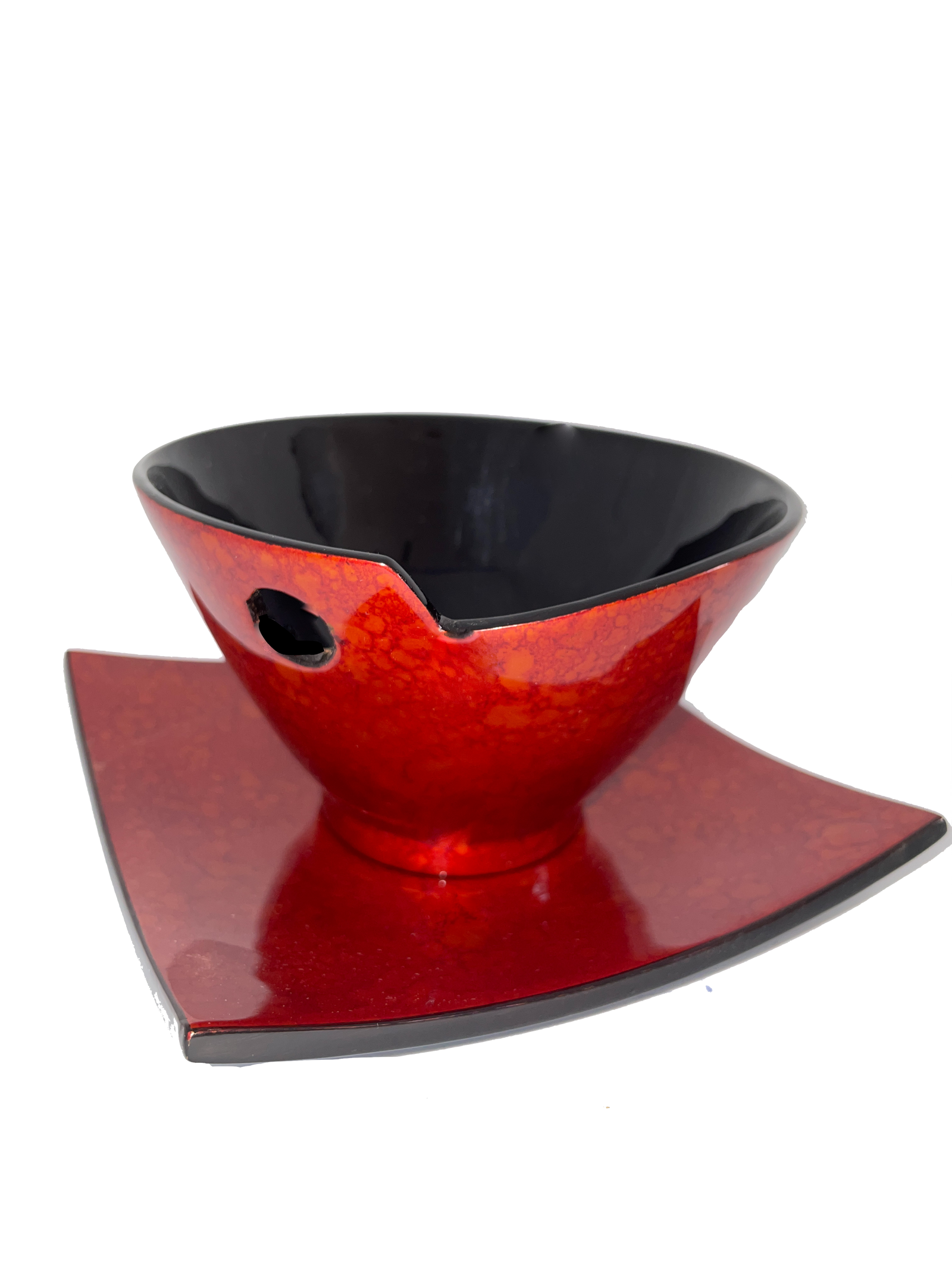 Hand-painted Lacquer Bowl with Square Plate - Dark Orange pattern