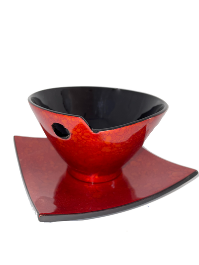 Hand-painted Lacquer Bowl with Square Plate - Dark Orange pattern
