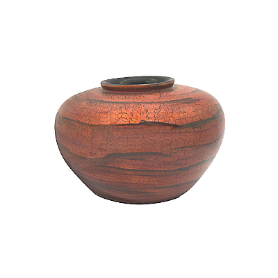 Round Painted Lacquerware Vase - Orange and Black Tree Bark Design