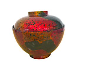 Red/Gold Patterned Bronze Bowl with Lid - Miso Soup or Rice Bowl