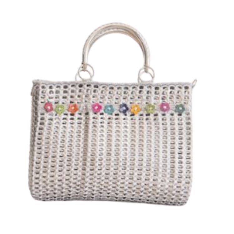 Solene M "Precious" Silver Handbag with Flowers, made from recycled Can Pull Tabs