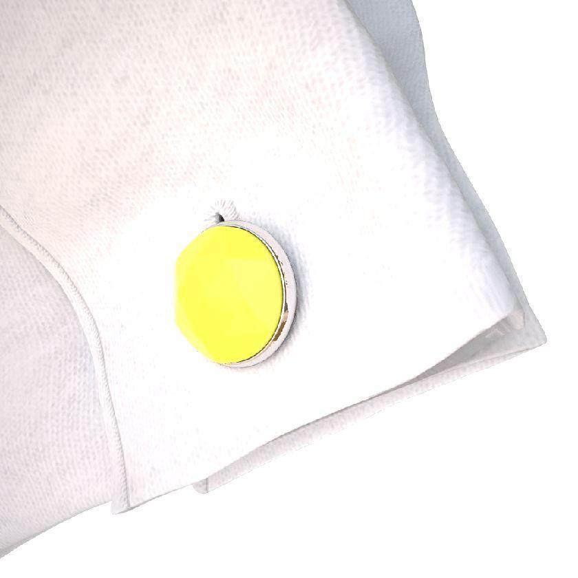 Analog Cufflinks Fluro Yellow Rose Cut Round Cufflinks on Silver Base-Analog Cufflinks-Temples and Markets