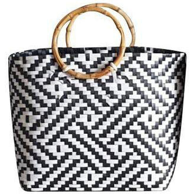 Black and White Handwoven Basket Bag with Round Wooden Handles-Helping Hands Penan-Temples and Markets
