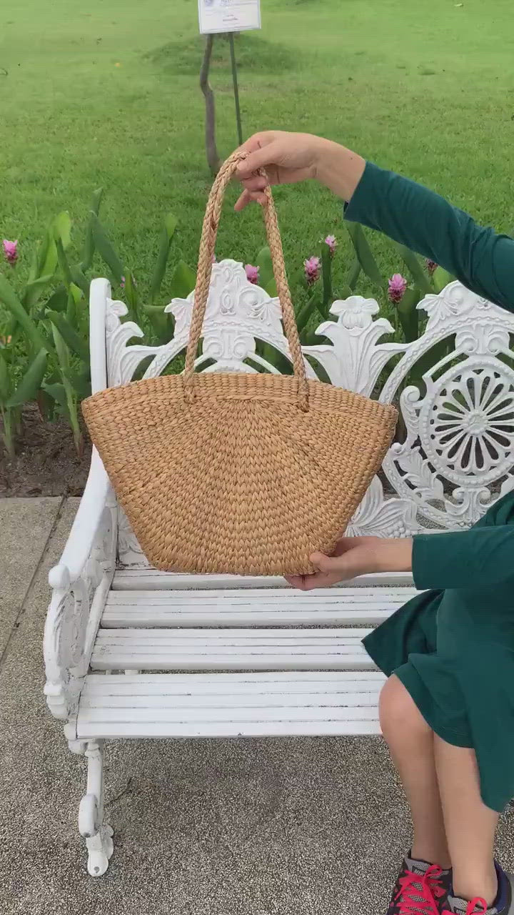 Handwoven Water Hyacinth Curved Top Basket Shoulder Bag