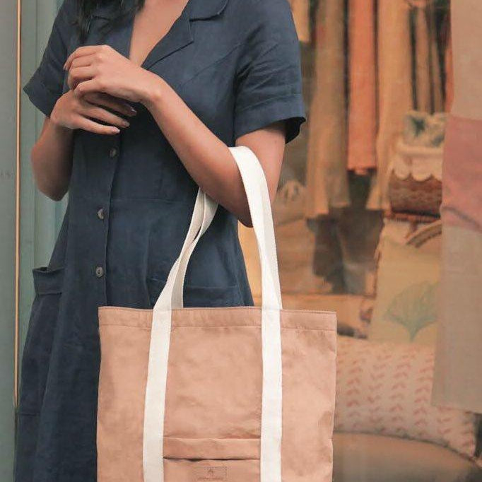 Ella Light Camel Tote Bag made from Washable Paper, an eco-friendly alternative to leather-Pretty Simple Bags-Temples and Markets