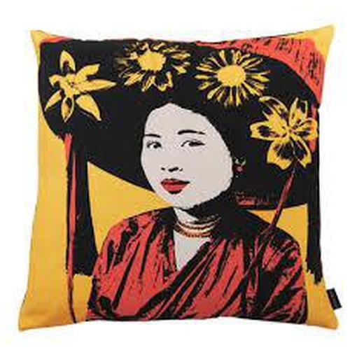 Eugenie Darge Miss Anh Portrait Cushion Cover on Yellow Background