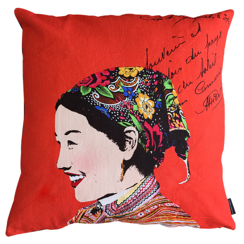 Eugenie Darge Miss Hue Red Portrait Cushion-EUGENIE DARGE-Temples and Markets