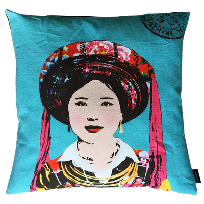 Eugenie Darge Miss Kim Turquoise Blue Portrait Cushion-EUGENIE DARGE-Temples and Markets