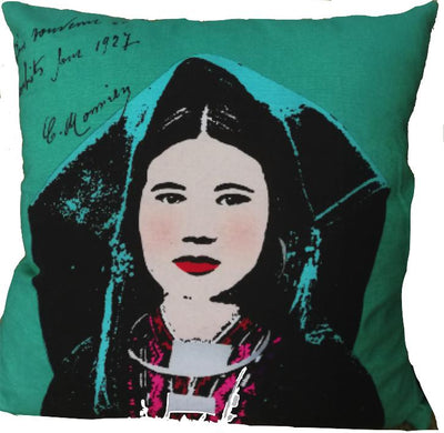 Eugenie Darge Portrait of Miss Lam on Turquoise Background Cushion-EUGENIE DARGE-Temples and Markets