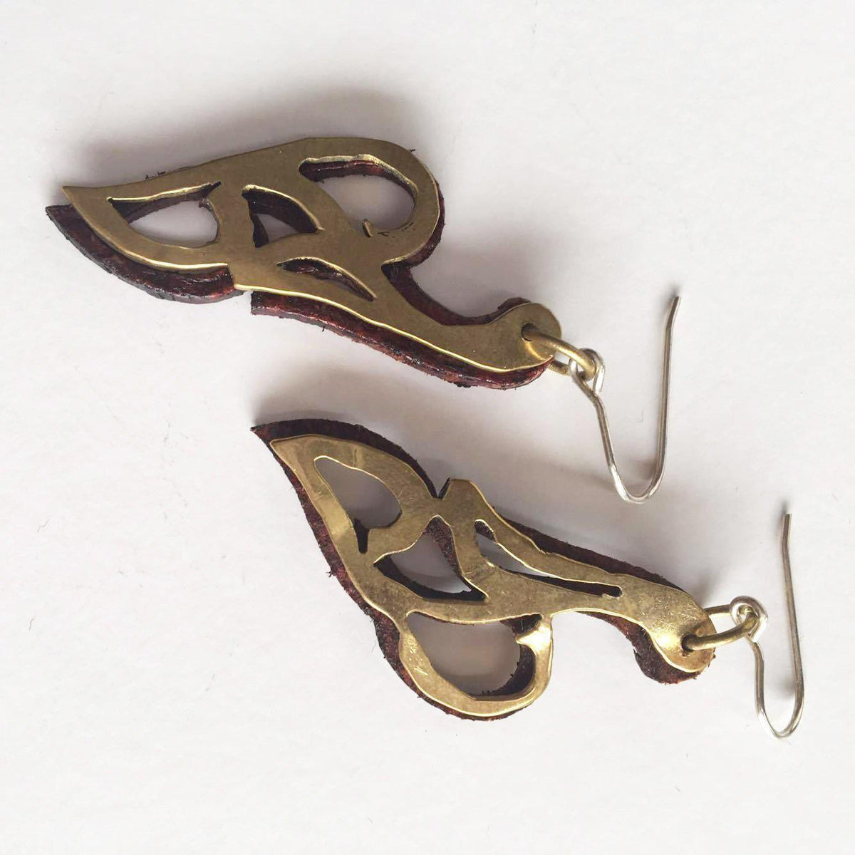 Leather and Brass Bird Drop Earrings-Ammo Designs-Temples and Markets