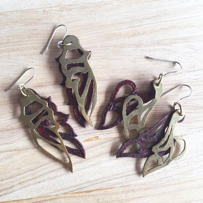 Leather and Brass Bird Drop Earrings-Ammo Designs-Temples and Markets