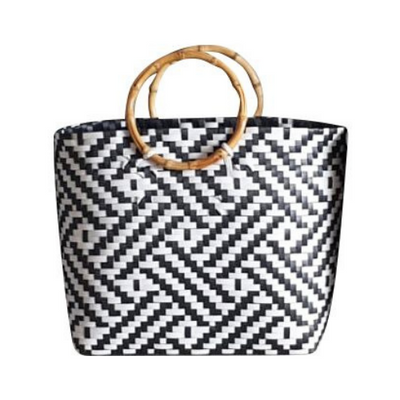 Black and White Handwoven Basket Bag with Round Wooden Handles