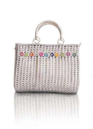Solene M &quot;Precious&quot; Silver Handbag with Flowers, made from recycled Can Pull Tabs