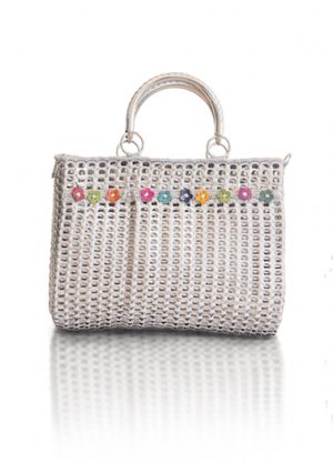 Solene M "Precious" Silver Handbag with Flowers, made from recycled Can Pull Tabs