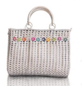 Solene M "Precious" Silver Handbag with Flowers, made from recycled Can Pull Tabs