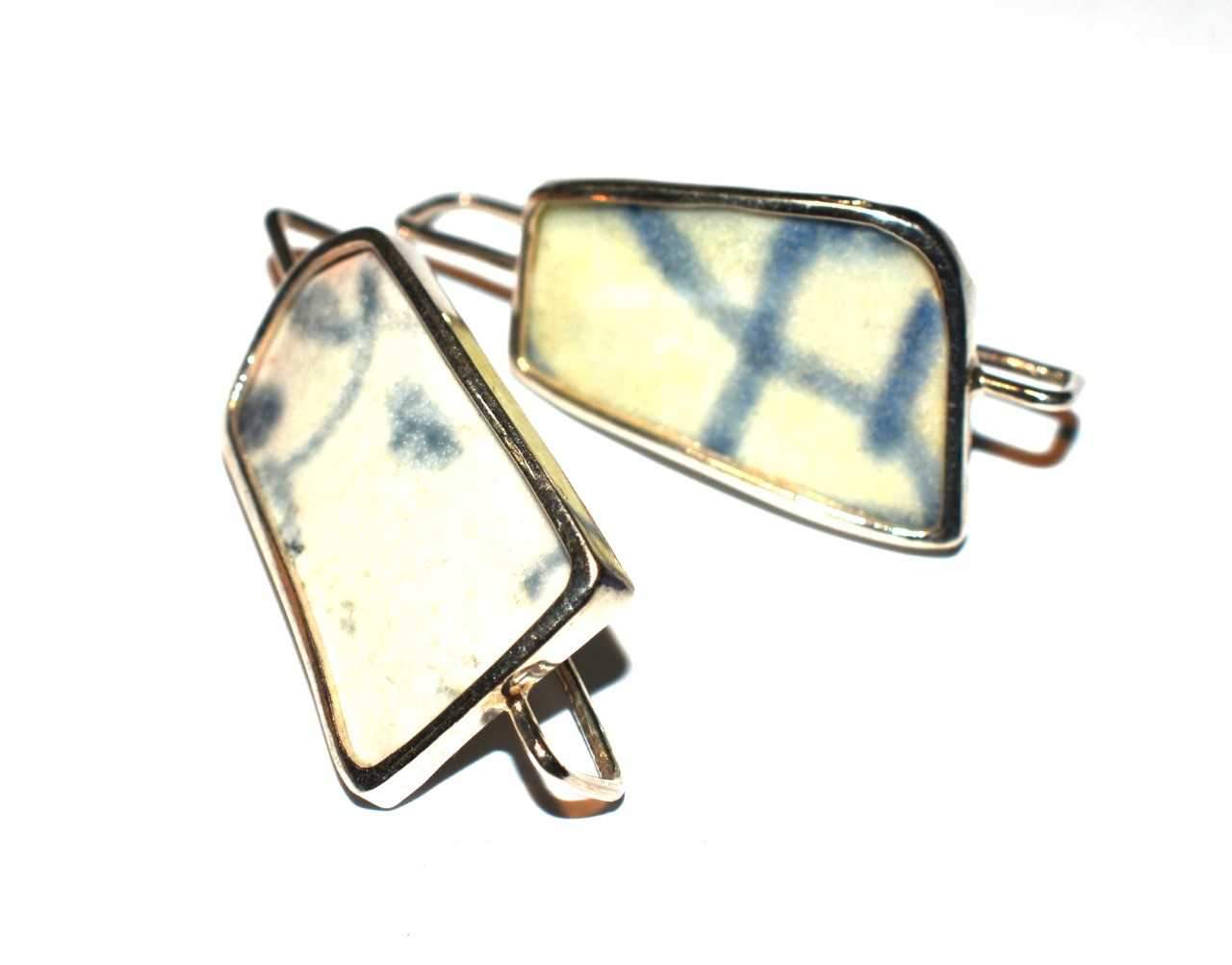 Sterling Silver Ceramic Blue and White Drop Earrings - Long Length-Future Traditions-Temples and Markets